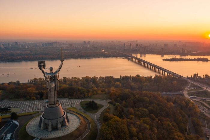 Kiev skyline over beautiful fiery sunset, Ukraine.