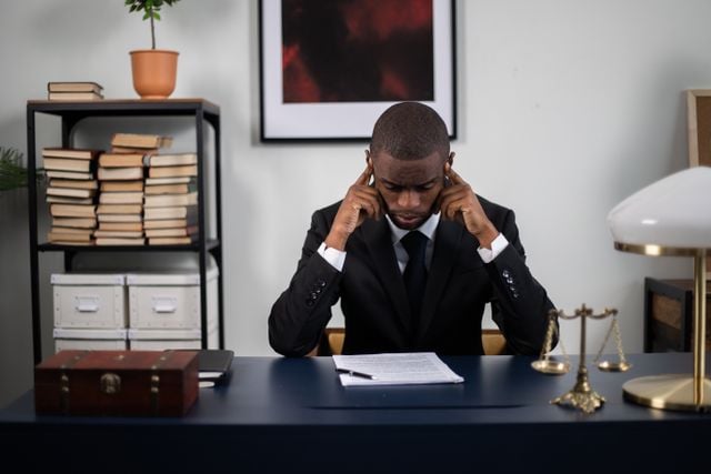 International lawyer reviewing French legal documents in his office.